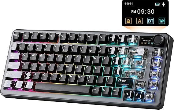 YUNZII B75 PRO MAX 75% Mechanical Keyboard (Black, Candy Switch) | QMK/VIA, Wireless Keyboard with Screen and Knob, Custom Hot Swap, Gasket Mount, Creamy Switches, RGB for Gaming/Win/Mac
