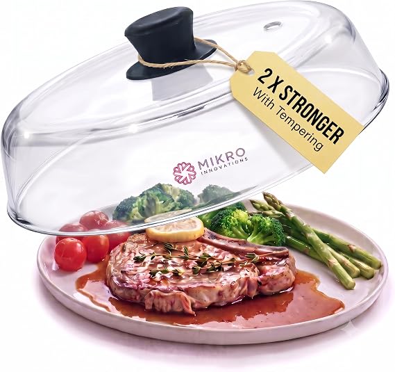 Mikro Innovations 10.5-Inch Glass Microwave Splatter Cover Borosilicate Glass Food Plate Splatter Guard with Vent Hole, BPA-Free, Easy-Grip Silicone Knob, Dishwasher Safe (1, Black, 10.5in)