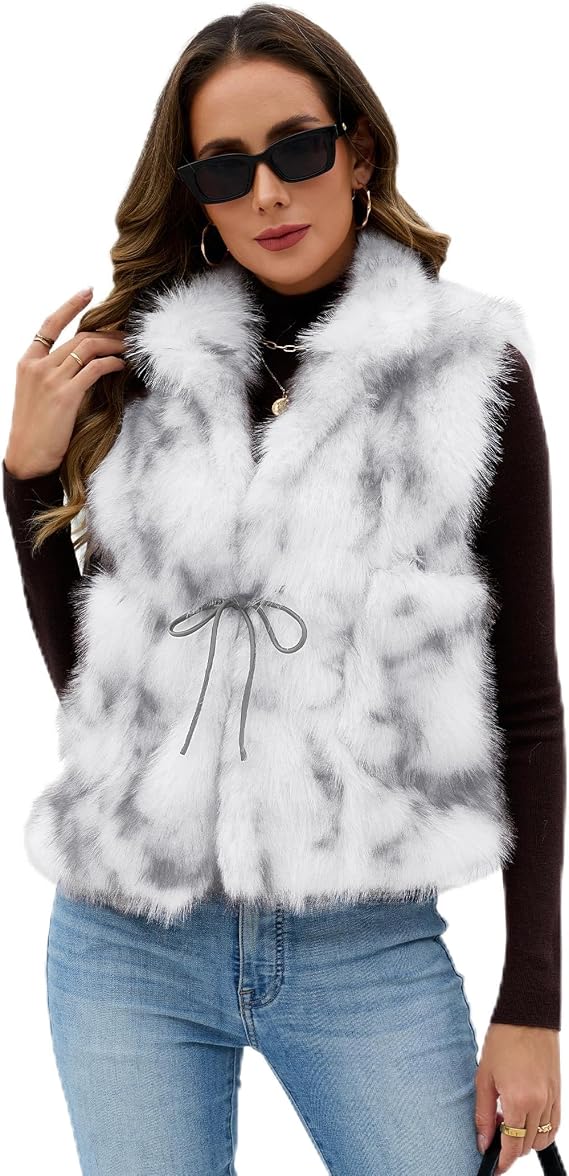 Womens Faux Fur Vest Sleeveless Tie front Cardigan Top Fuzzy Coats Jacket Fluffy Outwear with 2 Side Patch Pockets