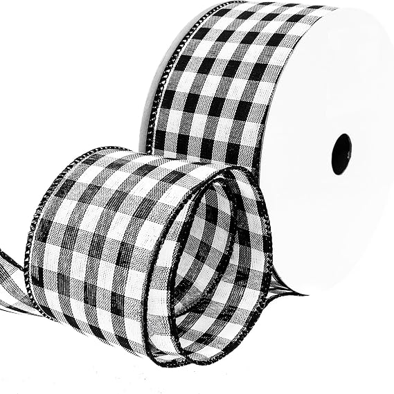 Wired Black and White Gingham Plaid Ribbon 2-1/2" x 25 Yards Black Checker Ribbon for Gift Wrapping, Crafts, and Decorations