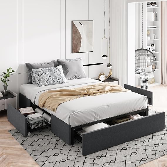 Allewie Queen Size Platform Storage Bed Frame with 3 Drawers, Dark Grey | Fabric Upholstered, Metal Slats Support, No Box Spring Needed, Noise Free, Easy Assembly