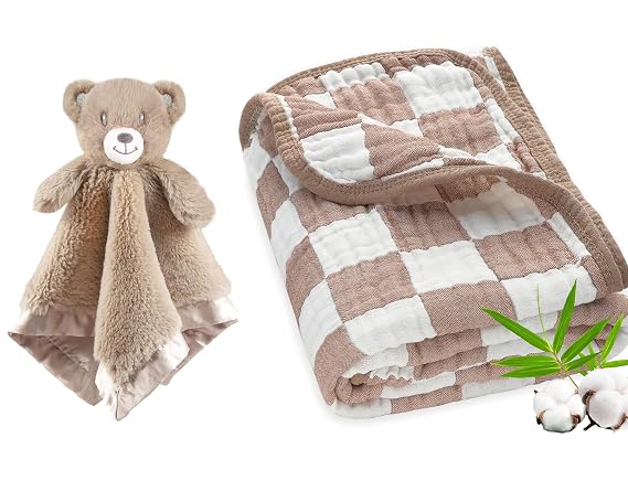 2 Pack Bear Security Blanket Soft Baby Lovey Fluffy Blanket + Muslin Baby Blanket Unisex with Checkerboard Design Coffee