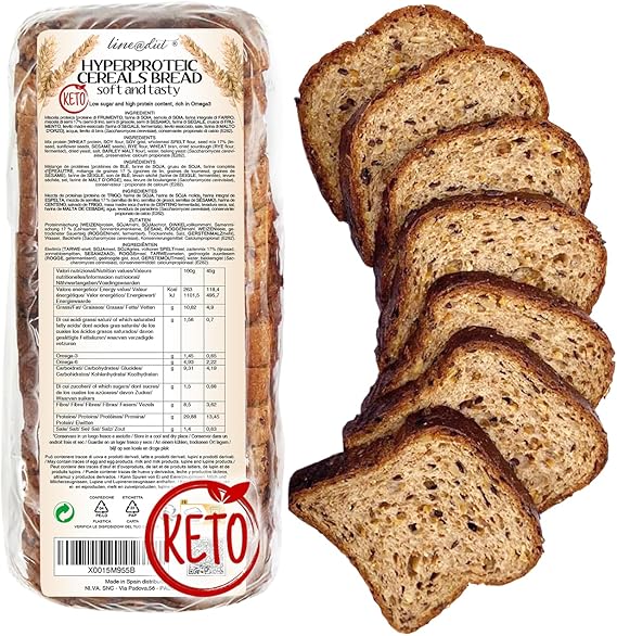 Keto protein bread Line@ - 1,5g Carbs, 0,5g Sugars, 6,8g Protein per slice - (16 slices) Multi seeded bread, keto snack, 30% protein, 58 kcal per slice
