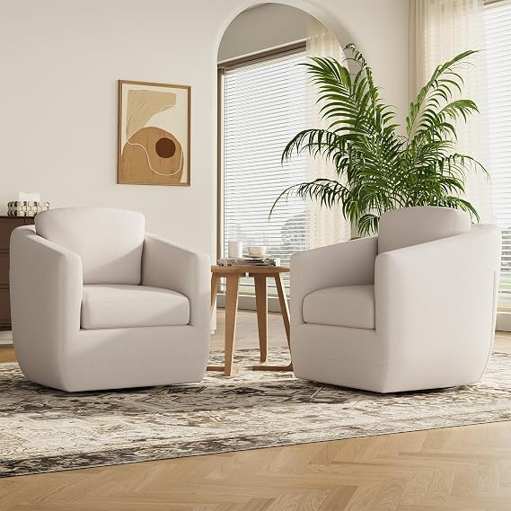 COLAMY 360 Swivel Accent Chair Set of 2, Fully Assembled Living Room Armchair with Pillow, No-Sag Foam, Sturdy Metal Base, Swivel Accent Single Sofa for Bedroom Living Room, Reading Room, Beige