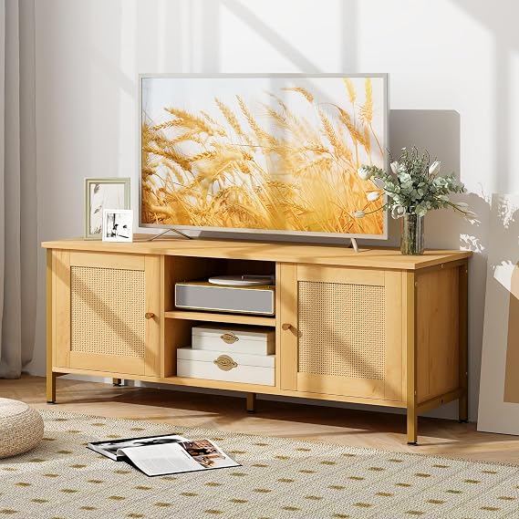 Tangkula Boho TV Stand up to 55, Mid Century TV Console Table w/Faux Rattan Door, TV Cabinet w/Open Shelf & Side Cabinet, Home Metal Legs Entertainment Center Display Table for Living Room