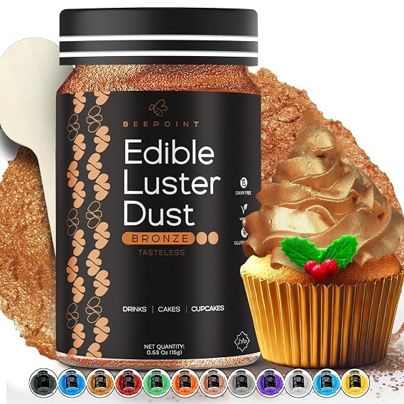 BeePoint Bronze Edible Luster Dust 15g - Food Grade, Vibrant Color Shimmer Powdered Dust for Drinks, Cocktails, Cake Decorating, Baking, Chocolates, Candy, Sweets, Cookies - Vegan & Gluten Free