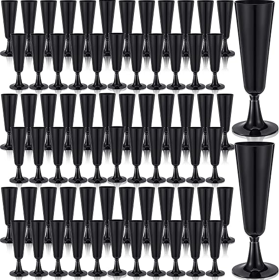 Domensi 100 Pack Black Champagne Flutes Bulk Plastic Disposable Champagne Glasses 5.5 oz Plastic Mimosa Glasses Wedding Cocktail Cups for Engagement Birthday Graduation Decor 2026 Party Supplies