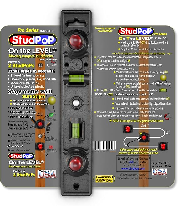 ON THE LEVEL StudPoP dual moving magnet stud finder, 1" magnets, 9" level