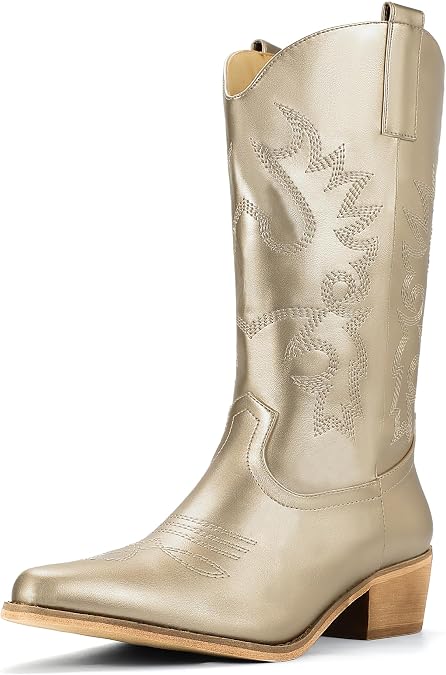 IDIFU Women's Cowboy Cowgirl Western Boots Mid Calf Chunky Low Heel