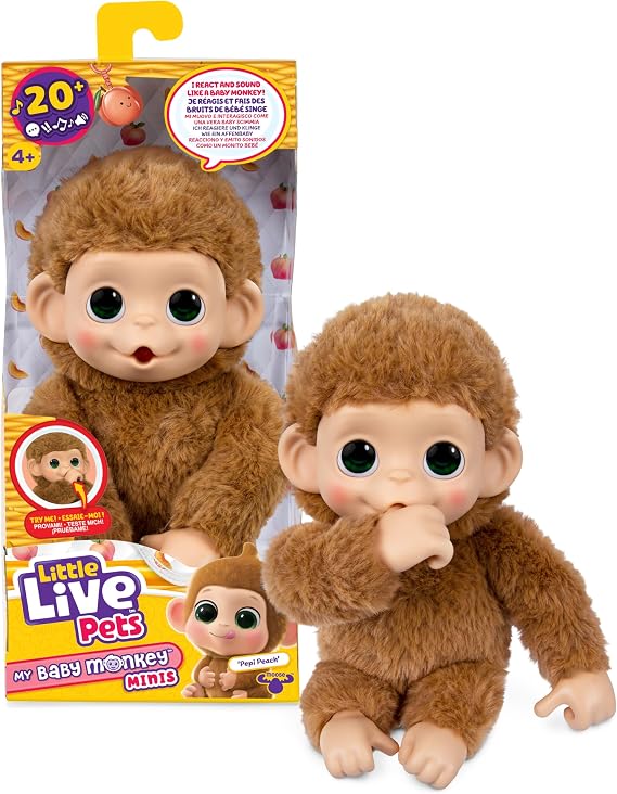 Little Live Pets Baby Monkey Minis – Pepi Peach. Interactive Pet Toy. 20+ Sounds & Reactions. Soft Brown Fur, 7.4" Tall. Super Realistic. Feed, Nurture, React. Grippy Hands & Feet. Collect All 3