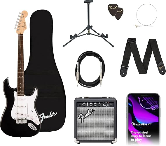 Fender Squier Debut Stratocaster Beginner Electric Guitar Kit, Matte Black | Complete starter pack with Frontman 10G amp, padded gig bag, strap, free lessons, included
