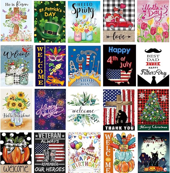 Seasonal Garden Flag Set of 20 - Double Sided 12 x 18 Inch Small Yard Flags for Outdoor Holiday Decorations, Spring, Easter, Summer, Winter, and All Season Garden Flags for Outside Decor