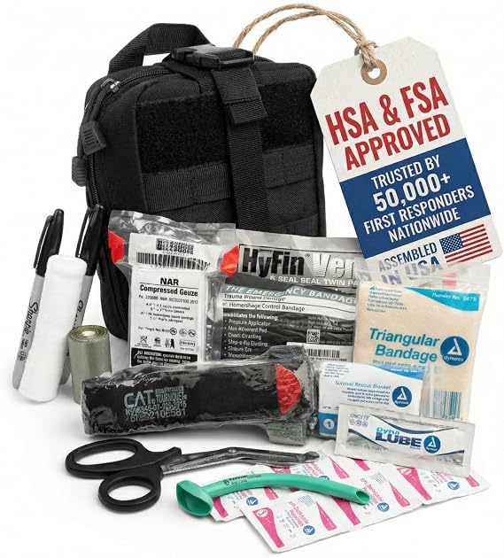 Scherber Premium IFAK Kit Trauma Pack | HSA/FSA Approved | Fully Stocked MOLLE Pouch w/CAT Tourniquet, HyFin Chest Seal, Israeli Bandage | Trauma Kit for Gunshot, Bleeding, Major Wound Care (Black)