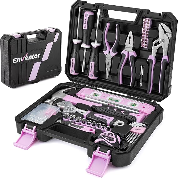 ENVENTOR Kleiner Werkzeugkoffer für Frauen Haushalts Werkzeug-Set Werkzeugkasten Rosa Universal Komplett mit Werkzeuge Handwerkzeug Werkzeugkiste Bestückt 158-tlg für Haushalt DIY