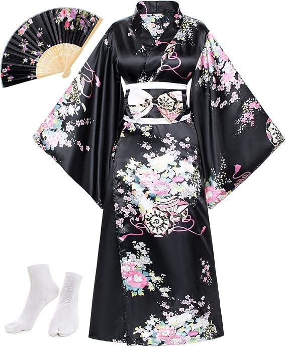 Japanese Anime Women's Kimono Robe Geisha Yukata Sweet Dress Blossom Satin Bathrobe Sleepwear Fans Tabi Socks Set