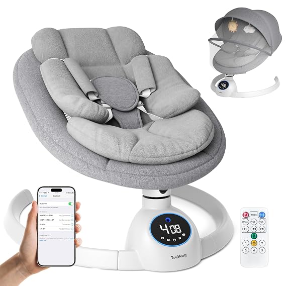 Electric Baby Swing for Infants, Bluetooth Music, 5 Swing Speeds, 3 Timer Settings, Remote & Touch Control, Washable Seat, Canopy w/Mosquito Net, Newborn Gift, 0-9 Months (Max 20lb), Grey