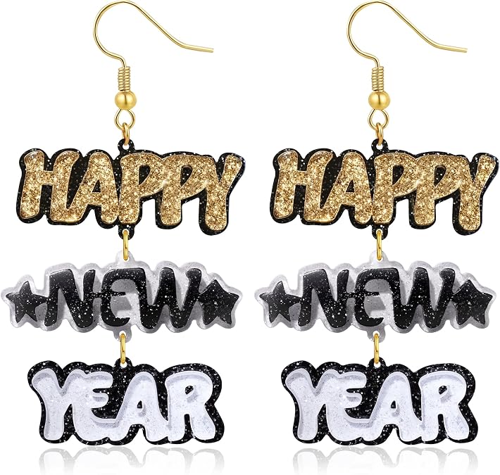 Trinckle Happy New Years Earrings for Women, Statement Nye Earrings Glitter Holiday Earrings for Girls New Years Eve Outfit Accessories Nye jewelry as Eve Party Favors New Year's Gifts