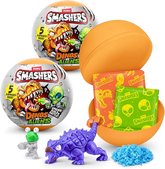 Smashers Dino vs Aliens Planet 2 Pack by ZURU Smashable Capsule Toy with Dino & Alien Figures, 5 Surprises Inside, Collectible Novelty Toy for Kids Ages 3+