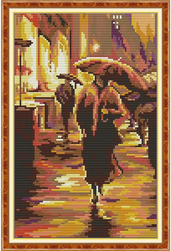 Stamped Cross Stitch Kits Beginners Full Range of Crossstitching Preprinted Kits Pattern for Kids or Adults, DIY Needlepoint Embroidery Craft Kits 11CT 3 Strands-10.215.7 inch,Walking in the rain