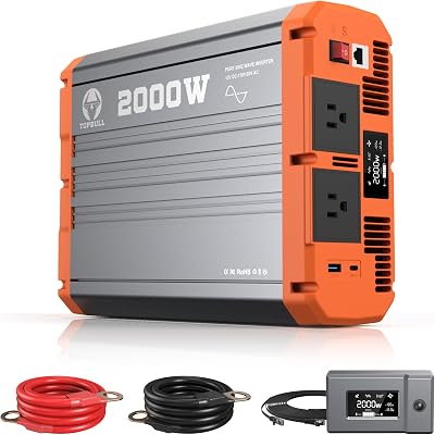 2000W Pure Sine Wave Inverter 12V DC to 110V AC Converter 120V 4000W Peak for VehicleHomeRVTruck Off-Grid Solar Power Inverter with USB & Type-C Port, 2 AC Outlets & LCD Display Remote Controller