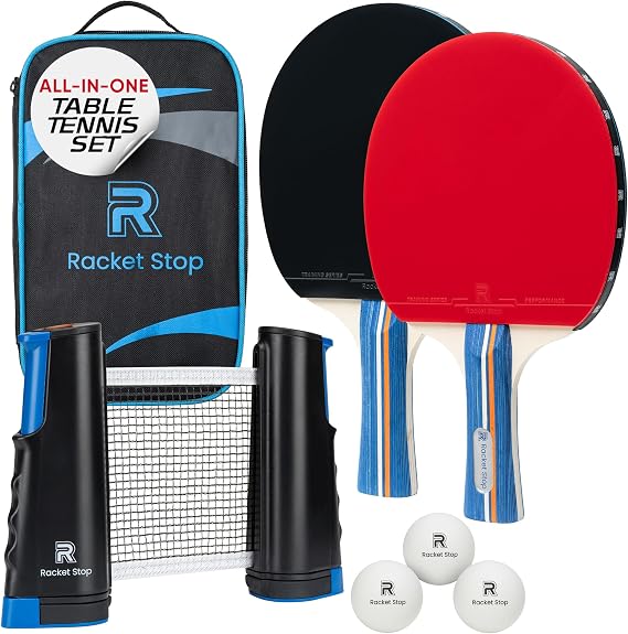 Velocity Table Tennis Paddle Set 2 Ping Pong Rackets with ITTF-Approved Rubber, Retractable Net System, 3-Star Balls & Carry Case for Indoor & Outdoor Games and Travel Play