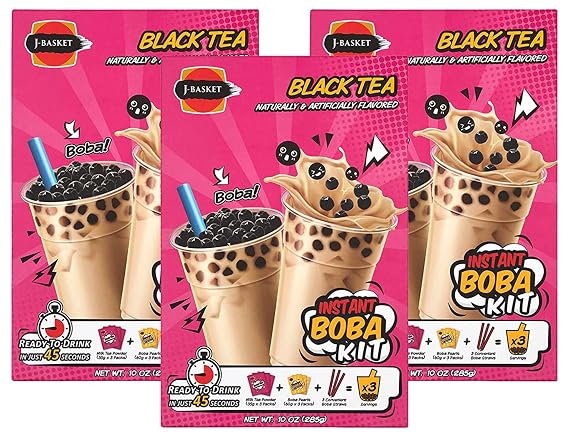 J-Basket Boba Kit, Bubble Pearl Milk Tea with Authentic Tapioca Boba, Straws Included,10 Oz (Pack of 3) (Black Tea (Pack of 3))