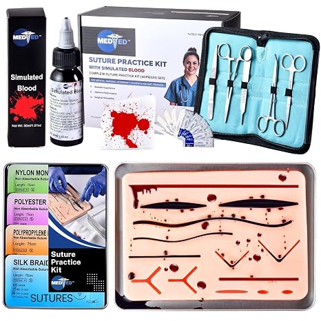 Suture Practice Kit with Blood | Realistic Complete Suture Practice Kit (40 Pieces) for Medical/Vet Student | Include Premium Quality Suture Pad, Tools, 20 Suture Threads (4Type), Gloves, Gauzes