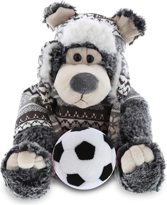 DolliBu Black Bear with Clothes Stuffed Animal with Soccer Ball Plush - Soft Huggable Bear, Adorable Playtime Plush Toy, Wildlife Gift, Super Soft