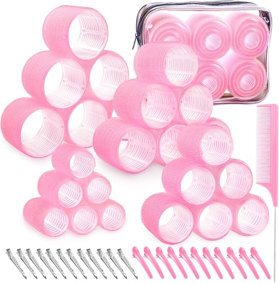 JOLCEEY 50pcs Hair Rollers with Clips, Jumbo Large Medium Small Rollers for Hair Volume Big Hair Curlers Rollers for Long Medium Short Hair DIY Hairdressing (Pink)