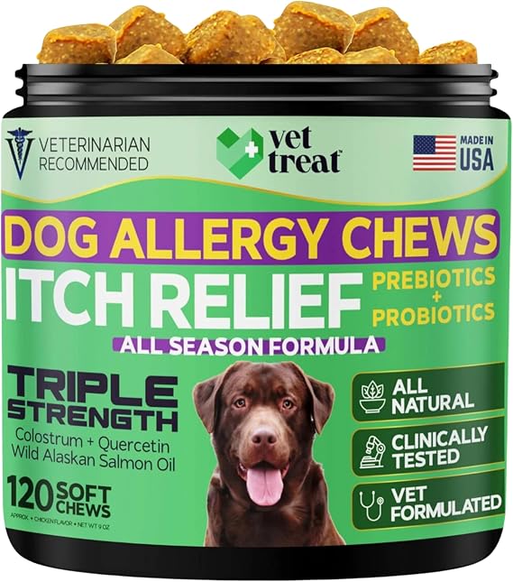 Dog Allergy Relief Chews - 120 Dog Allergy Chews - Itch Relief for Dogs - Anti Itch for Dogs - Dry & Itchy Skin - Allergies & Immune Support Supplement, Omega 3 Fish Oil, Probiotics - USA