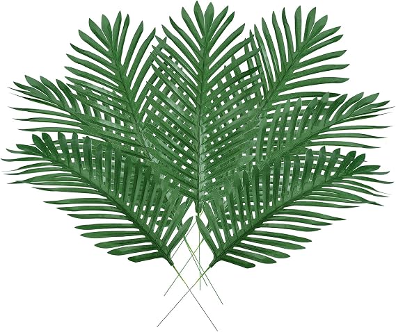 Artificial Palm Leaves - 12Pcs Green Tropical Plant Leaves with Faux Stems for Hawaiian Luau Party- Tropical Palm Leaf Faux Leaves for Jungle Beach Party Baby Shower Wedding Birthday, L