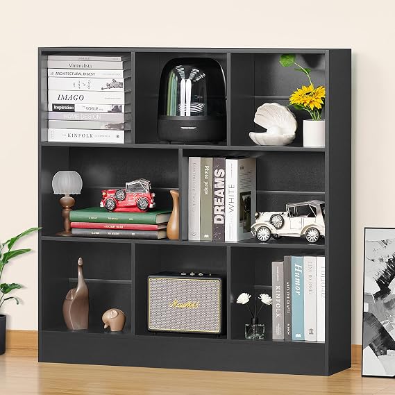 YAHARBO 3 Tier 8 Cube Horizontal Bookshelf, Low Bookcase with Sleves,Black