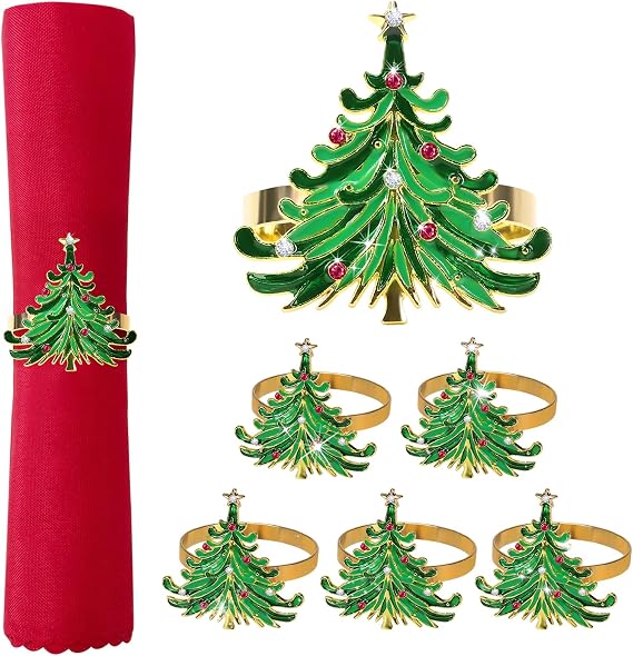 Christmas Napkin Rings - Xmas Tree Napkin Holder Rings with Red White Rhinestone for Christmas Holiday Party Dinner Wedding Banquet Dinning Table Settings Decoration, Set of 6