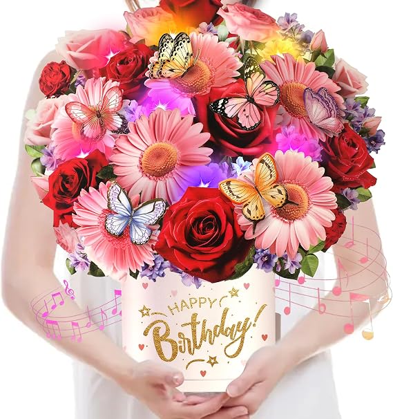 Birthday Cards for Women, Musical 3D Pop-up Daisy & Rose Birthday Card | 10" Floral Bouquet Birthday Card w Music & Light, Happy Birthday Card Gift for Girls, Wife, Mum, Girlfriend, Sister, Grandma