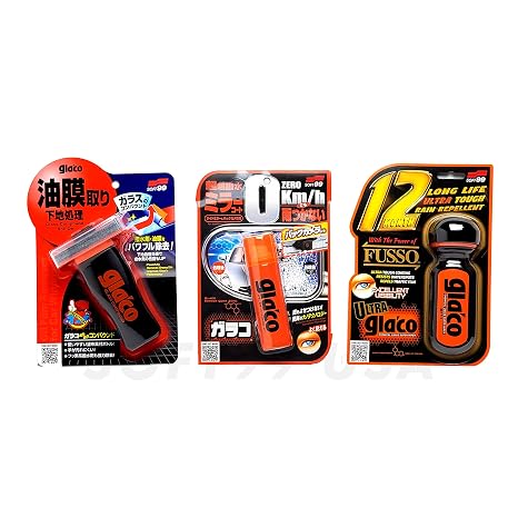 SOFT99 Glaco Compound, Glaco Mirror Coat Zero & Ultra Glaco Bundle Pack | 3-piece kit: glass polish/cleaner, side mirror/camera coating & 12-month water-beading windshield coating.