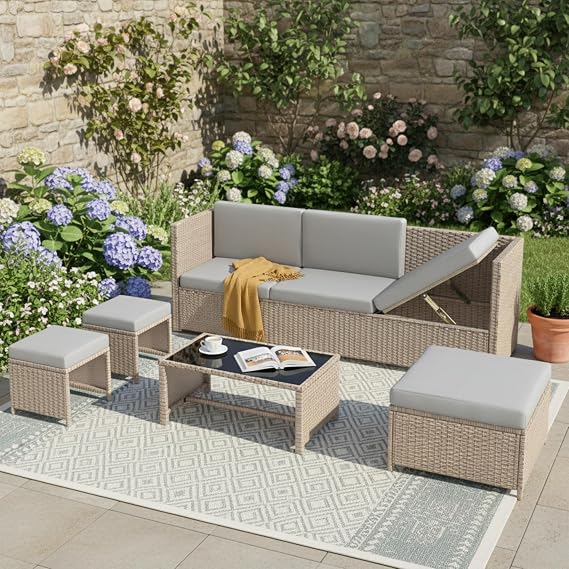 5-6 Seater Rattan Garden Furniture with Reclining Function, Garden Sofa Set with Steel Frame, Outdoor Furniture Set, Reclining Sofa with Five Adjustments, Khaki