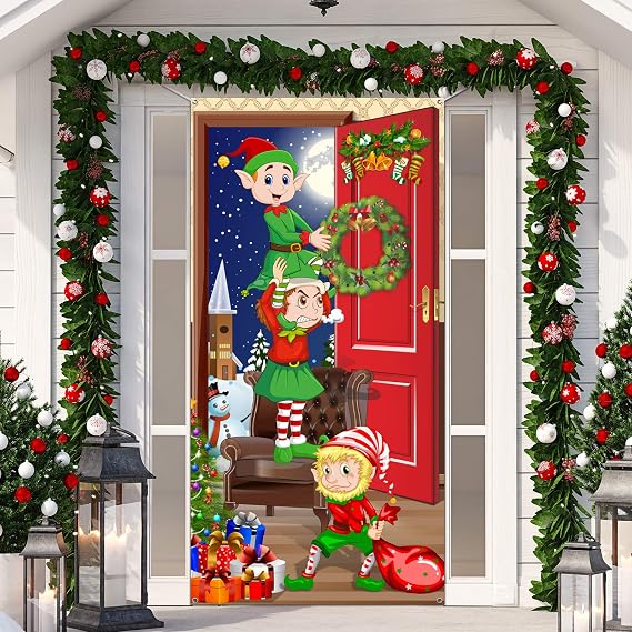Blulu Christmas Door Cover Elves Backdrop Fabric Xmas 70.9 X 35.4 Inch