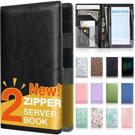 Forvencer Server Book, 2 Zipper Pocket, Server Books for Waitress | Waitress Book for Servers, Fits Waitress Apron, Guest Book, Waitress Accessories, Serving Book,Receipt Holder, Black