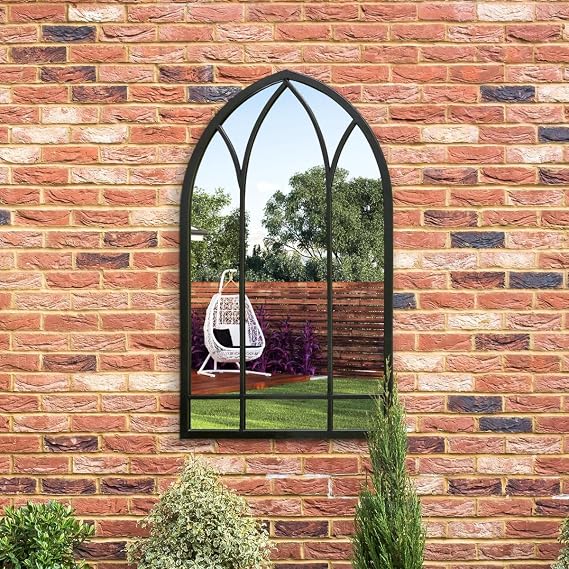 MirrorOutlet The Arcus - Black Metal Framed Modern Arched Garden Wall Mirror 32" X 19" (83CM X 48CM) Black. 2cm Wide Frame and 3cm Deep.
