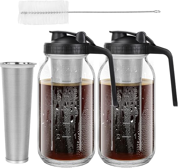 2 Pcs 1.9L Cold Brew Coffee Maker Mason Jars, Glass Jugs with Filters, Lids