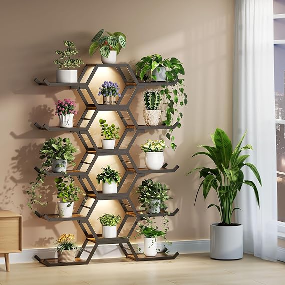 HavenlyYouth Plant Stand Indoor with Grow Lights, 5 Tiered 15 Pots Tall Plant Shelf Indoor, Large Metal Wood Plant Flower Holder, Plant Rack Display Shelf for Living Room, Patio, Balcony, Garden, Rustic