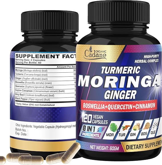 Cadane Moringa Capsules with Turmeric, Boswellia, Quercetin, Ceylon Cinnamon, Holy Basil, Ginger, and Black Pepper - 8in1 Supplements - 120 Veggie Caps for 2 Months Supply