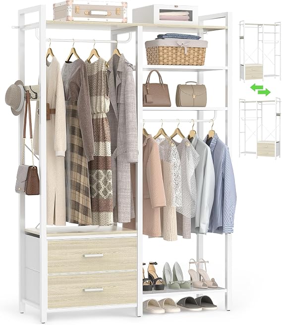 iSunirm Open Wardrobe with Drawers & Double Hanging Rails - 115cm Wide Industrial Clothes Rack with 2 Fabric Bins, Shoe Storage & Reversible Shelves - Heavy Duty Garment Rack for Bedroom or Hallway