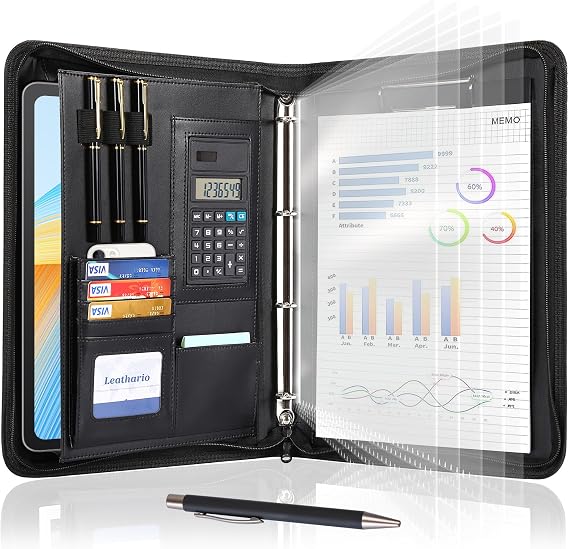 Leathario A4 Conference Folder Writing Case with Ring Binder Zip Ring Binder Portfolio Document Folder Writing Pad Black