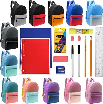 Moda West 17 Inch Bulk Backpacks with 18 Piece School Supply Kit - Case of 12 Wholesale Backpacks in Assorted Colors 6 Boy 6 Girl