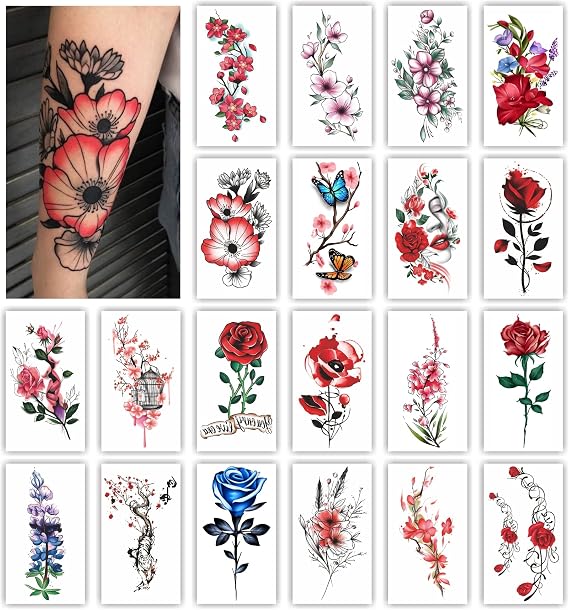 Flower Series 20 Sheets Color Temporary Tattoos for Women and Girls Fake Tattoo Stickers