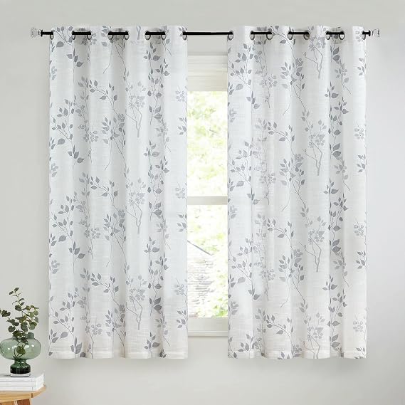 Beauoop Floral Linen Semi Sheer Curtains Living Room Grey 50x54 2 Panels