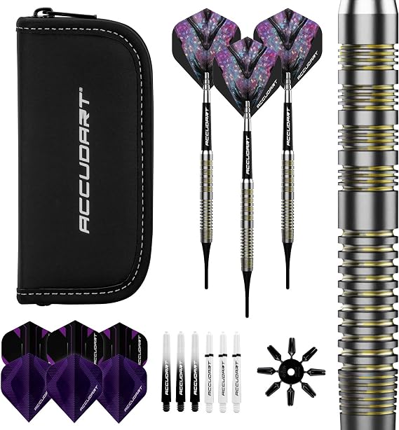Accudart Soft Tip Dart Set 6.0 80% Tungsten Barrels, Deep Cut & Radial Grooves, Polycarbonate Shafts, Standard Flights, 6 Synthetic Leather Storage Case