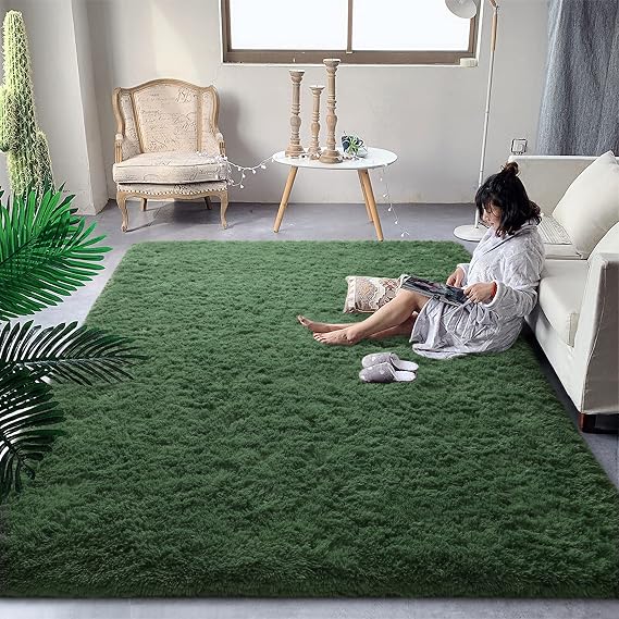 DweIke Fluffy Dark Green Rugs for Bedroom Living Room, 6x9 Large Soft Plush Shaggy Forest Hunter Green Girls Boys Kids Rug, Non-Slip and Machine Washable Carpet for Dorm Nursery Classroom Decor