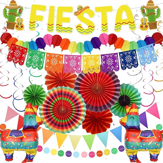 Mexican Party Decorations Fiesta Banner - Multicolour Cinco de Mayo Theme Balloons Garland, Paper Fans and Hanging Swirls for Birthday Carnival Festival Party